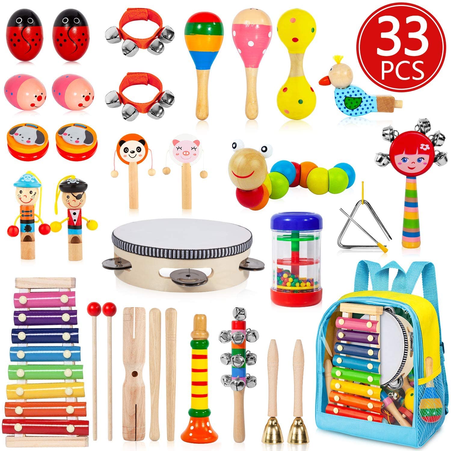 Aokiwo Kids Musical Instruments 33 Pcs 20 Types Wooden Instruments
