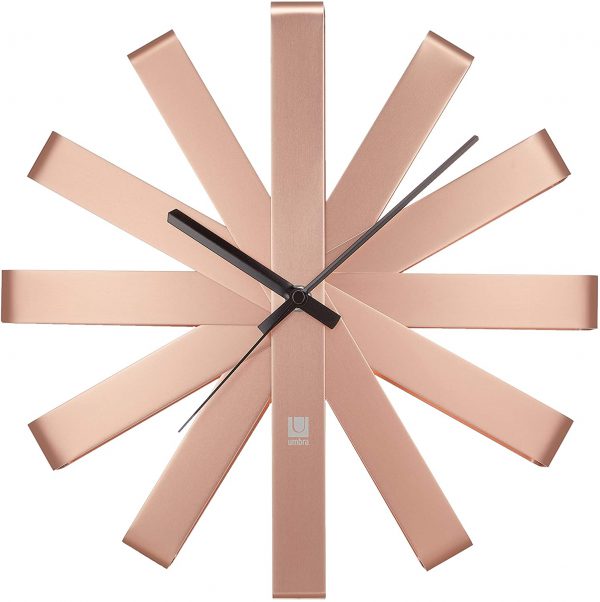 Umbra 118070-880 Ribbon Modern 12-inch, Battery Operated Quartz Movement, Silent Non Ticking Wall Clock, Copper