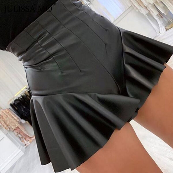 JULISSA MO 2019 Women Ruffles PU Leather Shorts Winter Sexy High Waist Loose Wide Shorts Black