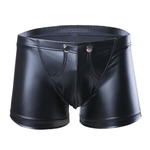 Sexy Men Lingerie Low Waist Faux Leather Boxer Shorts Erotic Open Front Bulgh Pouch Mini Pants 1