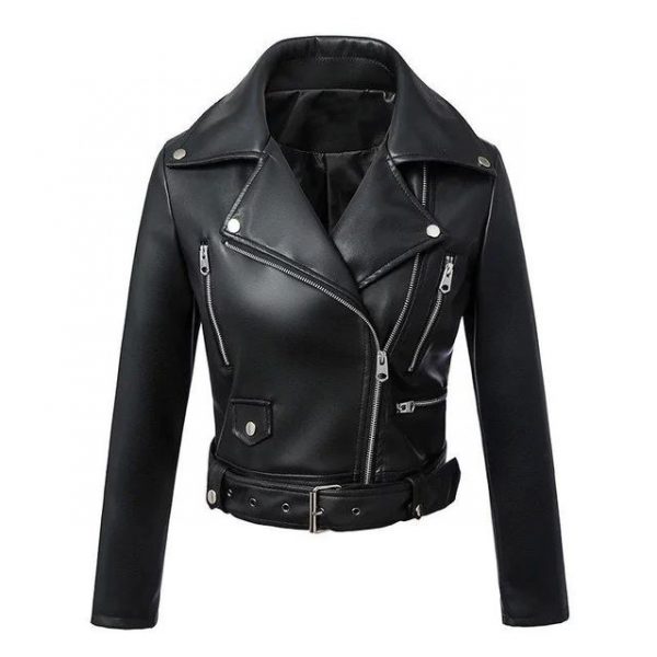 New Women Autumn Winter Black Faux Leather Jacket